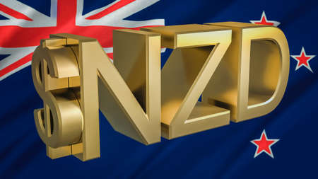Gilded NZD dollar symbol against the background of the New Zealand flag. Finance concept. Rendering 3D.の写真素材
