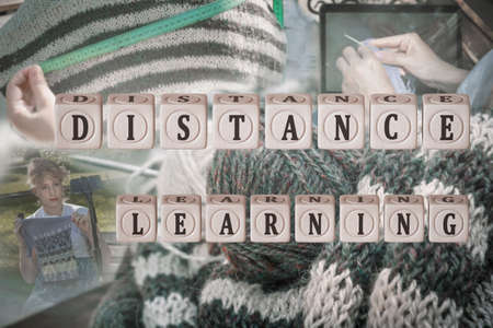 Cubes with the words "Distance Learning" against a background of knitting needles, a woman knitting in front of a phone, hands with knitting in front of a laptop screen. 3D rendering. Collage. Tonedの写真素材