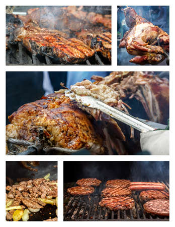 Food collage of meat dishes cooked on fire. Street food concept. Fast foodの写真素材