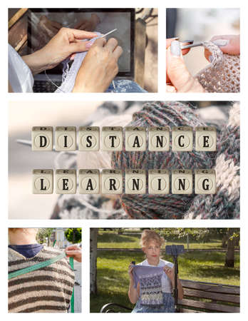 Collage with the words "Distance Learning" against a background of knitting needles, a woman knitting in front of a phone, hands with knitting in front of a laptop screen.の写真素材
