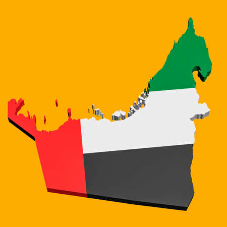 3D model of the map of UAE in the colors of the national flag on a yellow background. Isolated. Layout. Renderingの写真素材