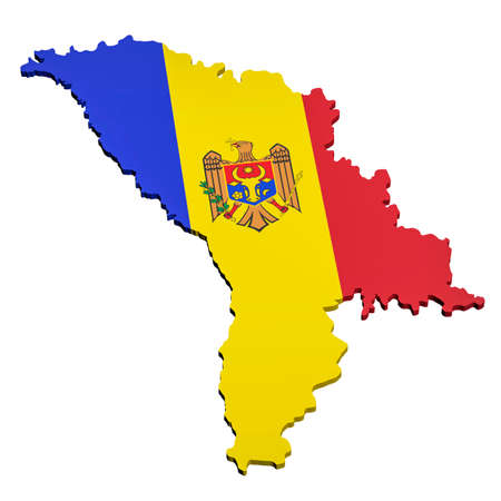 3D model of a map of Moldova in the colors of the national flag on a white background. Isolated. Layout. Renderingの写真素材