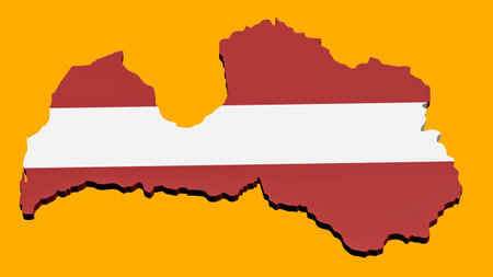 3D model of the map of Latvia in the colors of the national flag on a yellow background. Isolated. Layout. Renderingの写真素材