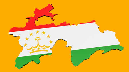 3D model of the map of Tajikistan in the colors of the national flag on a yellow background. Isolated. Layout. Renderingの写真素材