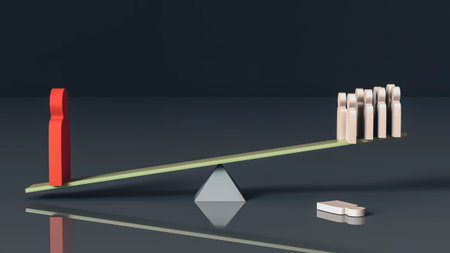 Large red wooden figure of a man outweighed a group of identical white figures on a swing. Leadership concept. Not like everyone else. 3D renderingの写真素材