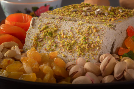 Sunflower halva sprinkled with crushed nuts and raisins on a black plate with pistachios, peanuts,...