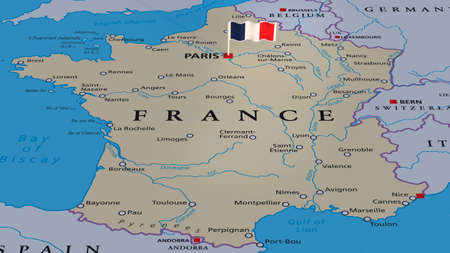Flag of France with a flagpole is installed on the map of the country and denotes the capital - Paris. 3D renderingの写真素材