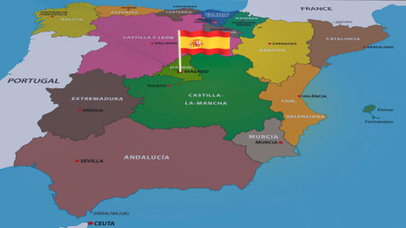 Flag of Spain with a flagpole is installed on the map of the country and denotes the capital -...