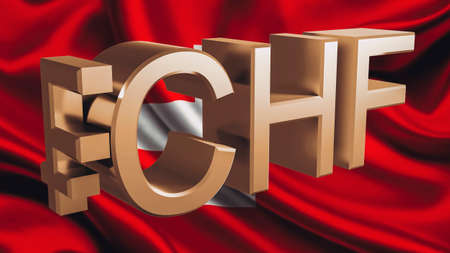 Gilded Swiss franc symbol - CHF against the background of the Switzerland flag. Finance concept. Rendering 3D.の写真素材