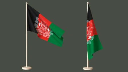 Waving on a flagpole and twisted flags of the Islamic Republic of Afghanistan on a neutral background. 3D rendering. Layout. Blank for design. Isolated.の写真素材