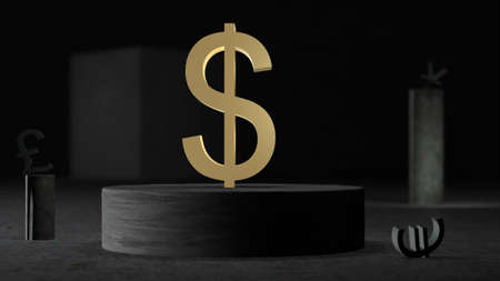 Gilded dollar symbol is set on a concrete pedestal against a background of abstract figures and symbols of other currencies. Minimalist realistic style. 3D rendering. Finance concept.の写真素材