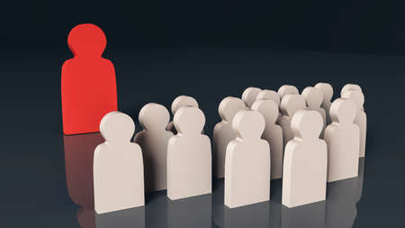 Large red wooden figure of a man stands in front of a crowd of identical white figures against a gray background. Leadership concept. Not like everyone else. 3D renderingの写真素材