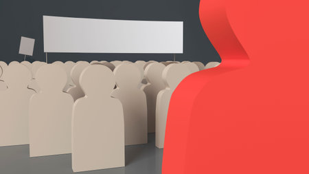 Large red wooden figure of a man stands in front of a group of small, identical white figures with letterhead posters with space for text . Protest concept, leadership, dictatorship. 3D renderingの写真素材
