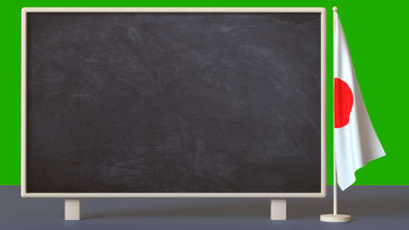 School board with space for text next to a table flag of Japan on a neutral background. 3D rendering. Layout. Blank for design. Isolated. Education, tourism conceptsの写真素材