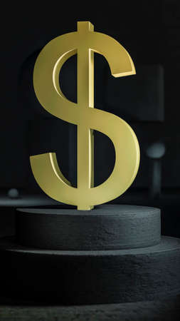 Gilded dollar symbol is set on a concrete plinth against a background of abstract shapes. Minimalistic realistic style. 3D rendering. Financial concept.の写真素材