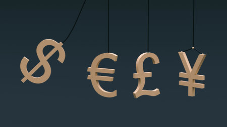 Dollar rocks the symbols of other currencies on the pendulums of Newton's cradle. 3D rendering....