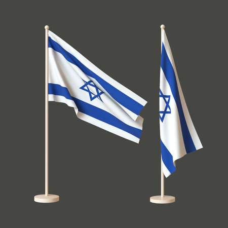 Two flags of Israel on a neutral background - one fluttering on a flagpole, the other a twisted tabletop. 3D rendering. Layout. Blank for design. Isolated.の写真素材