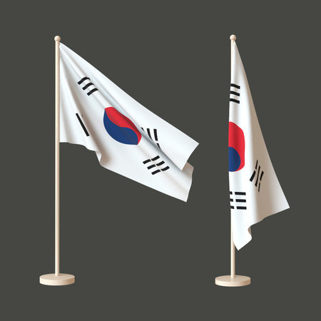 Two flags of the Republic of Korea on a neutral background - one fluttering on a flagpole, the other...