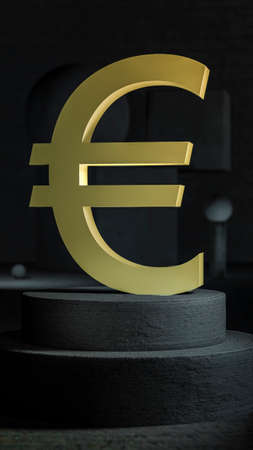 Gilded Euro symbol is set on a concrete plinth against a background of abstract shapes. Minimalistic realistic style. 3D rendering. Financial concept.の写真素材
