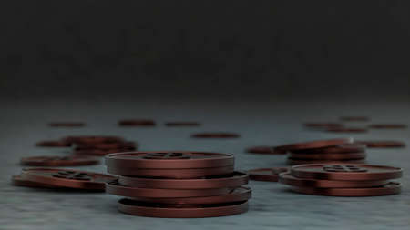 Stylized coins are scattered on a gray surface against a dark background with plenty of space for text or logo. Layout. 3D rendering. Financial concept. Blank for designの写真素材