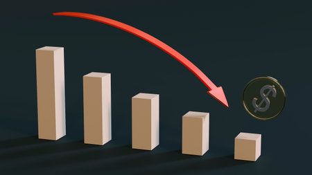 Gilded dollar symbol, falling graph bars and a red downward pointing arrow against a dark...