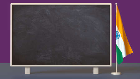 School board with space for text or logo next to a India table flag on a neutral background. 3D rendering. Layout. Blank for design. Isolated. Education, tourism conceptsの写真素材