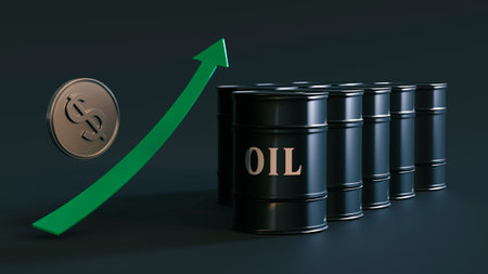 Gold plated dollar symbol with a green up arrow next to oil barrels on a dark background. The rise in oil prices. 3D rendering.の写真素材