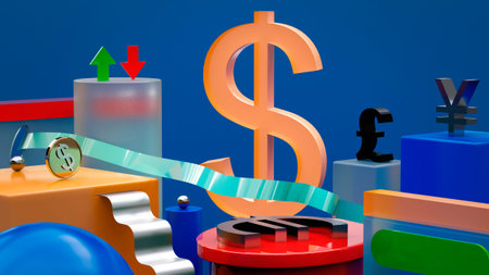 Dollar symbol rises above the symbols of other currencies against the background of abstract...