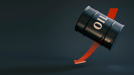 Barrel labeled oil slides down a red arrow pointing down on a dark background with space for text or...