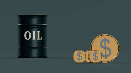 Gilded stylized coins with a dollar sign and a barrel with the inscription "Oil". dark background. copy spaceの写真素材