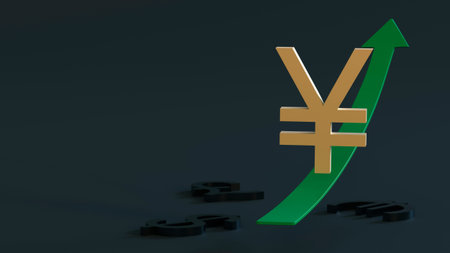 Gold plated yen or yuan symbol slides up a green arrow pointing up on a dark background with space...
