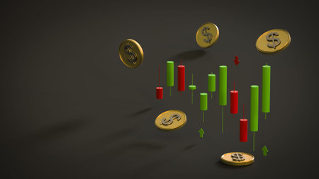 Gold-plated coins with a dollar symbol and a stylized candlestick chart on a gray background. The...
