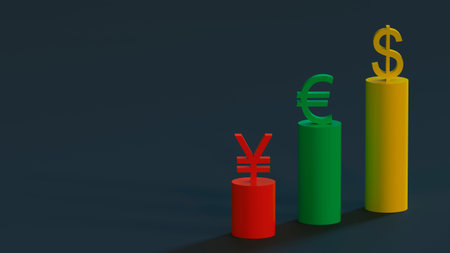 Currency symbols stand on multi-colored ascending columns. dollar leadership. finance concept. 3D...