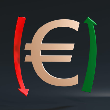 Gold-plated euro symbol surrounded by two arrows - green pointing up and red pointing down on a dark...