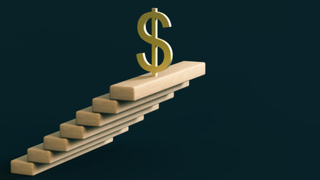 Dollar symbol stands at the top of the stairs against a dark background. minimalist style. 3D...