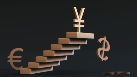 Yen symbol stands at the top of the ladder above the falling symbols of other currencies on a dark...