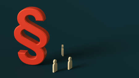 Huge red paragraph symbol rises above the wooden figures of men against a dark background. 3D rendering. Place for text or logoの写真素材