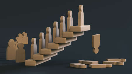 figures of wooden men in line rise up the stairs and fall down. Variation of success and failure. 3D renderingの写真素材