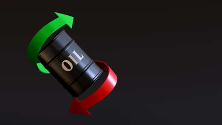 Barrel labeled "oil" is surrounded by two arrows - a green one pointing up and a red one pointing down on a dark background with space for text or a logo. 3D rendering. financial marketの写真素材
