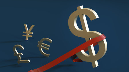 Dollar symbol breaks the finish line, overtaking the symbols of other currencies - yen, euro, pound...