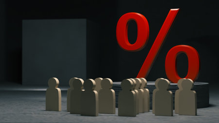 Huge red percent sign rises on a pedestal above wooden figures of men against a dark background. 3D...