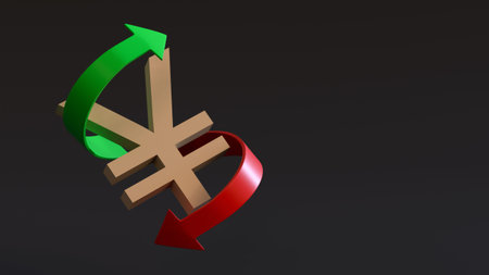 Yen symbol surrounded by two arrows, a green one pointing up and a red one pointing down, on a dark...