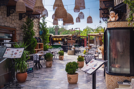 Side, Turkey - May 4, 2022. Outdoor cafe in the historic part of the cityのeditorial素材