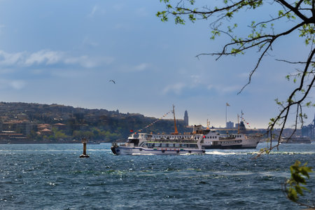 Istanbul, Turkey - May 1, 2022. Small passenger ships carry tourists along the Bosphorus Strait Bosphorusのeditorial素材