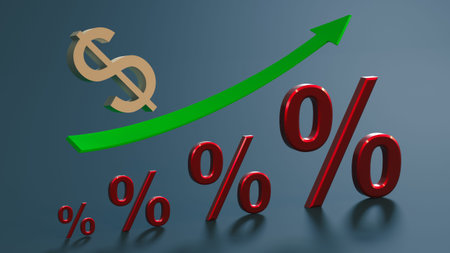 Gilded dollar symbol, rising percent signs and green up arrow on a gray background. 3D rendering....