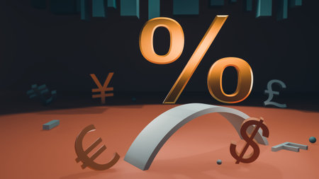 Percent sign rises above the symbols of other currencies on the abstract background of the graph. 3D...