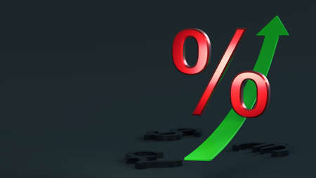 Bright red percent sign slides up a green arrow pointing up against a dark background with space for text or logo. 3D rendering.の写真素材