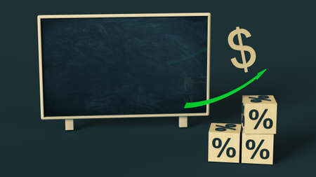 Dollar symbol rises up a green arrow above a pyramid of wooden cubes with a percent sign on each face against a blackboard background. 3D rendering. finance concept. Place for textの写真素材