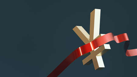 Yen symbol breaks through the finish line. 3D rendering. finance concept.の写真素材