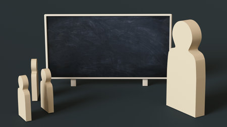 Large figure of a wooden man rises above other figures near the school blackboard with space for text or logo on a dark background. 3D rendering. learning conceptの写真素材